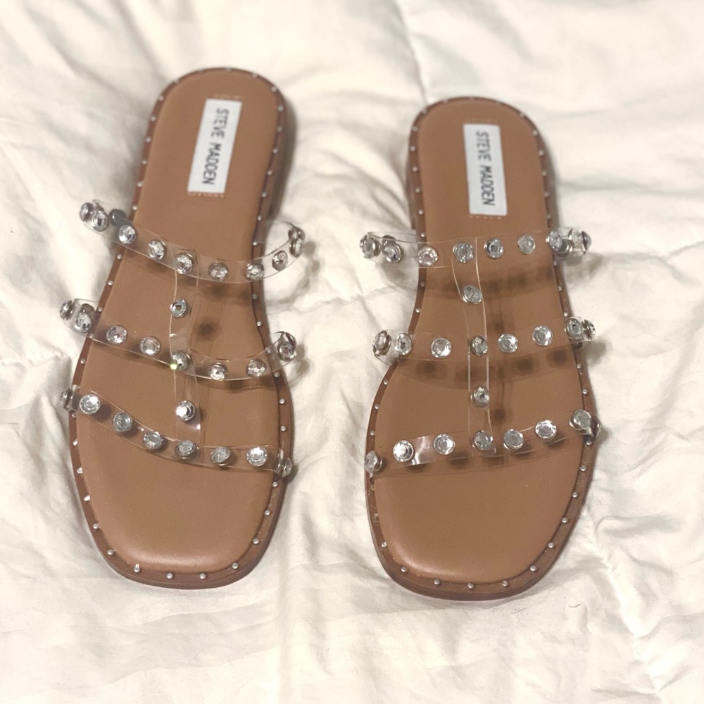 Steve Madden Lyna Tan Clear Studded Sandal Size 8 Gem